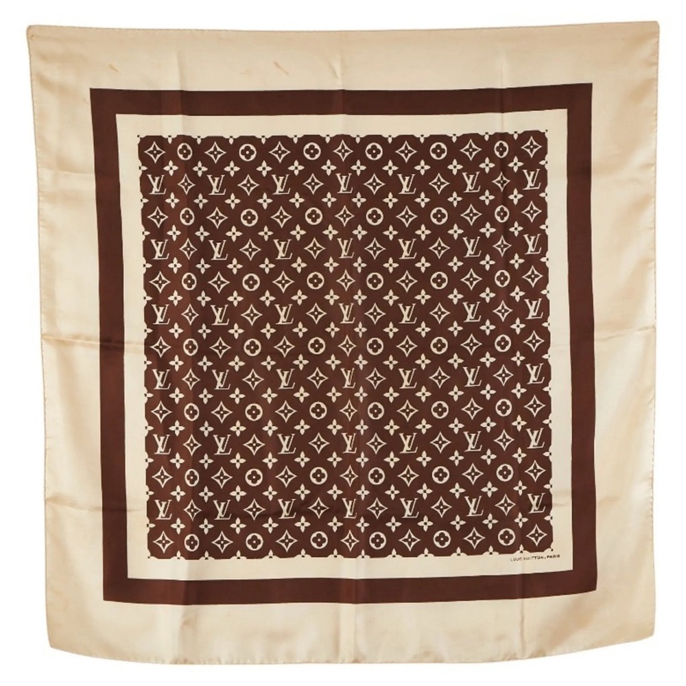 RARE VINTAGE LOUIS VUITTON Brown and Beige LV Monogram Silk Scarf - Picture 2 of 8